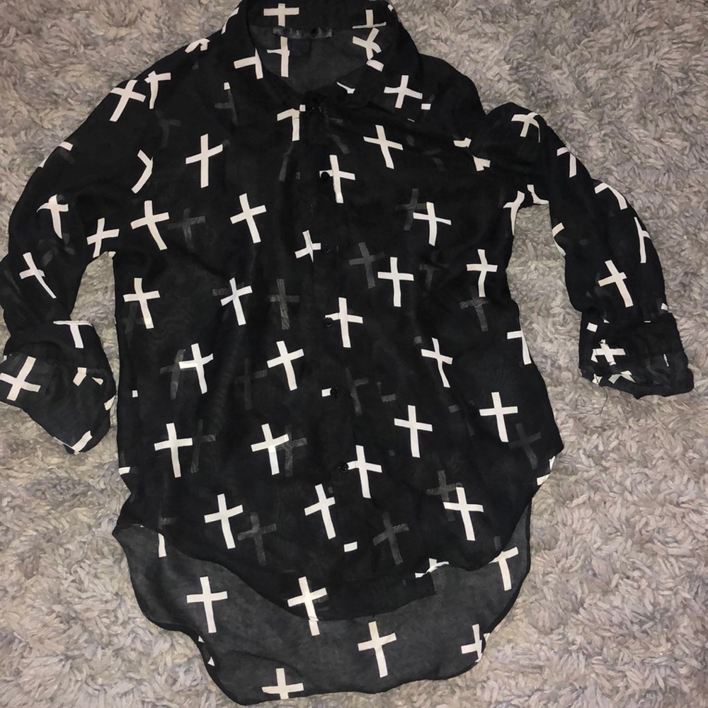 mesh long sleeve button up with crosses